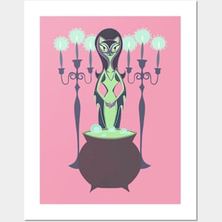 Halloween Witch Kitty at Cauldron (Pink) Posters and Art